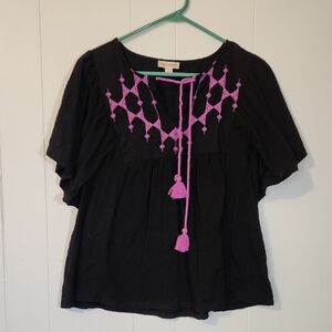 Knox Rose Black Peasant Top with Pink Embroidery M